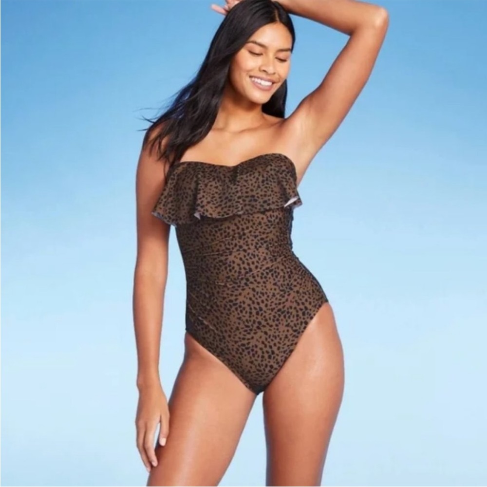Kona Sol Black and Brown Animal Print Strapless One Piece Swimsuit
